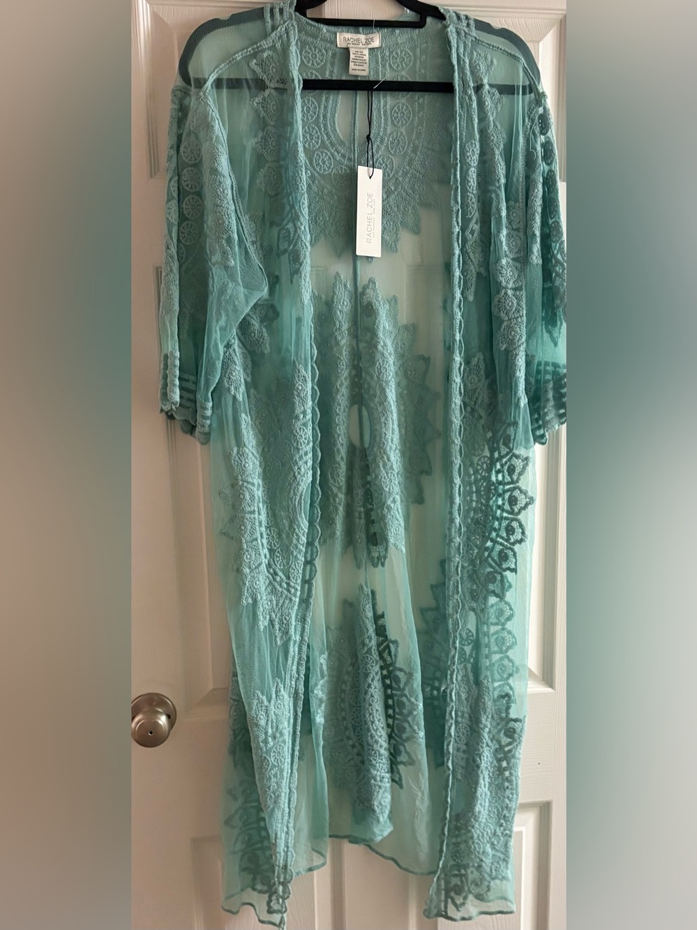 Rachel Zoe Aqua Lace Embroidered Sheer Kimono Midi Length One Size NWT!!!